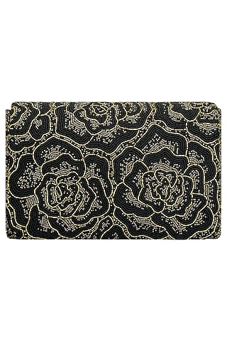 Black Embroidered Rosette Flapover Clutch by Lovetobag