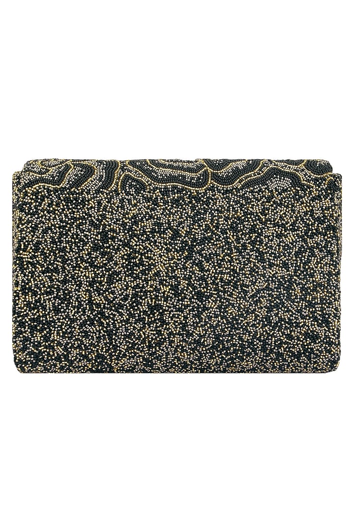 Black embroidered rosette flapover clutch available only at Pernia's Pop Up Shop.