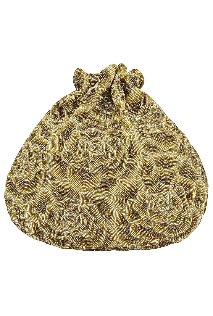 Gold embroidered rosette potli bag available only at Pernia's Pop Up Shop.
