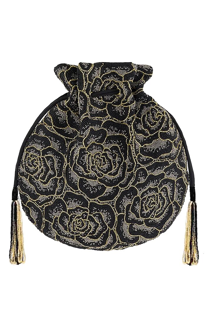 Black Embroidered Rosette Potli Bag by Lovetobag