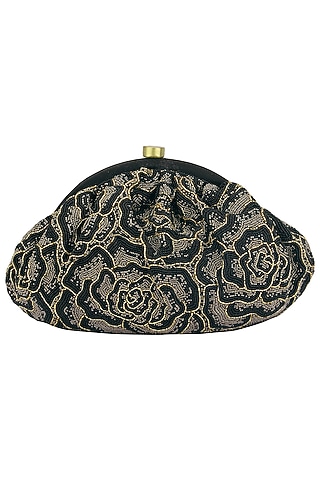 Black Embroidered Rosette Pouch by Lovetobag