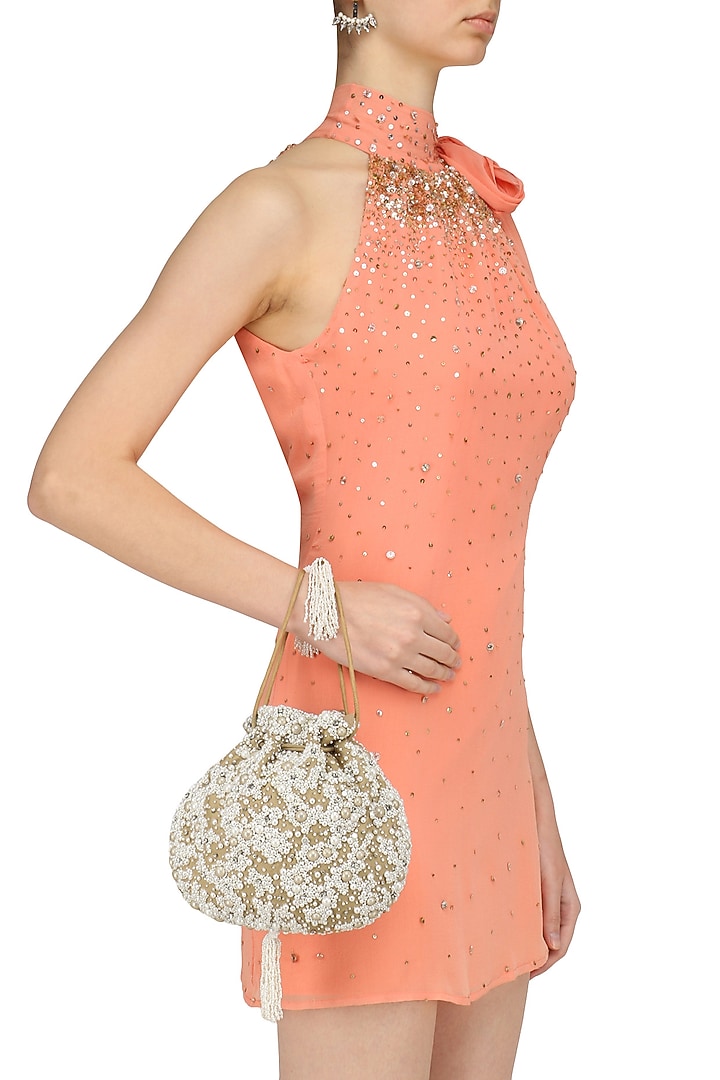 Love to Bag presents Champange pearl embroidered potli bag available only at Pernia's Pop Up Shop.