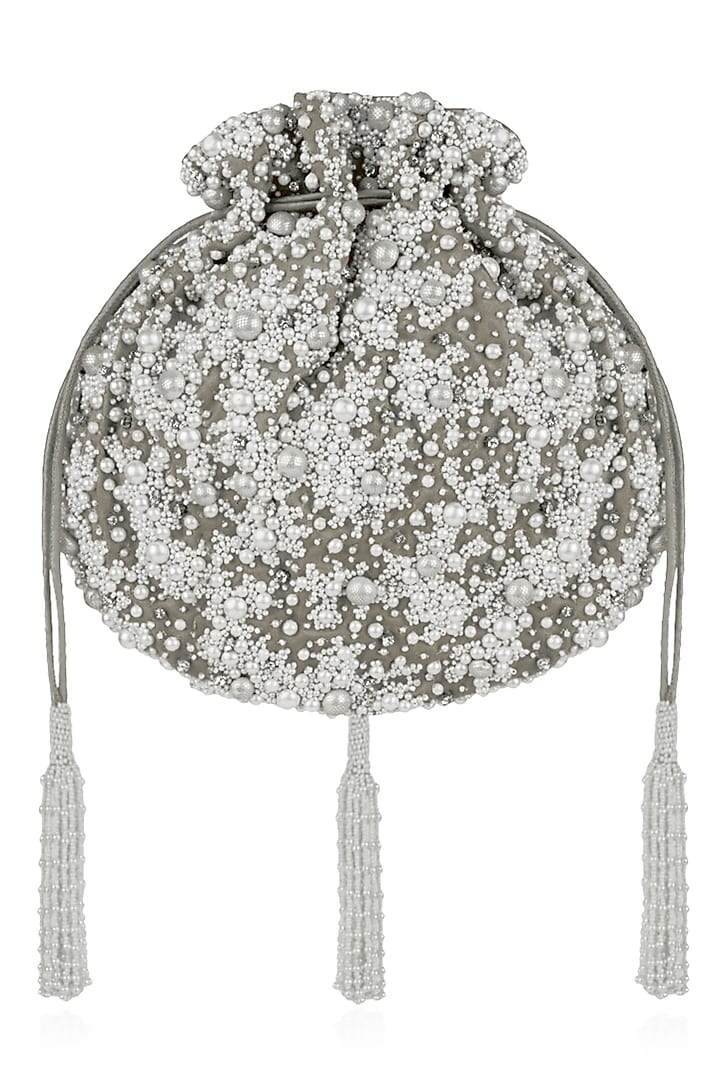 Dove Grey Pearl Embroidered Potli Bag by Lovetobag