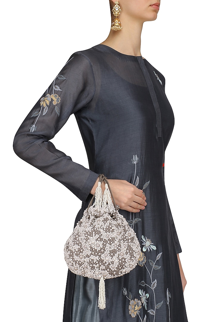 Love to Bag presents Dove grey pearl embroidered potli bag available only at Pernia's Pop Up Shop.