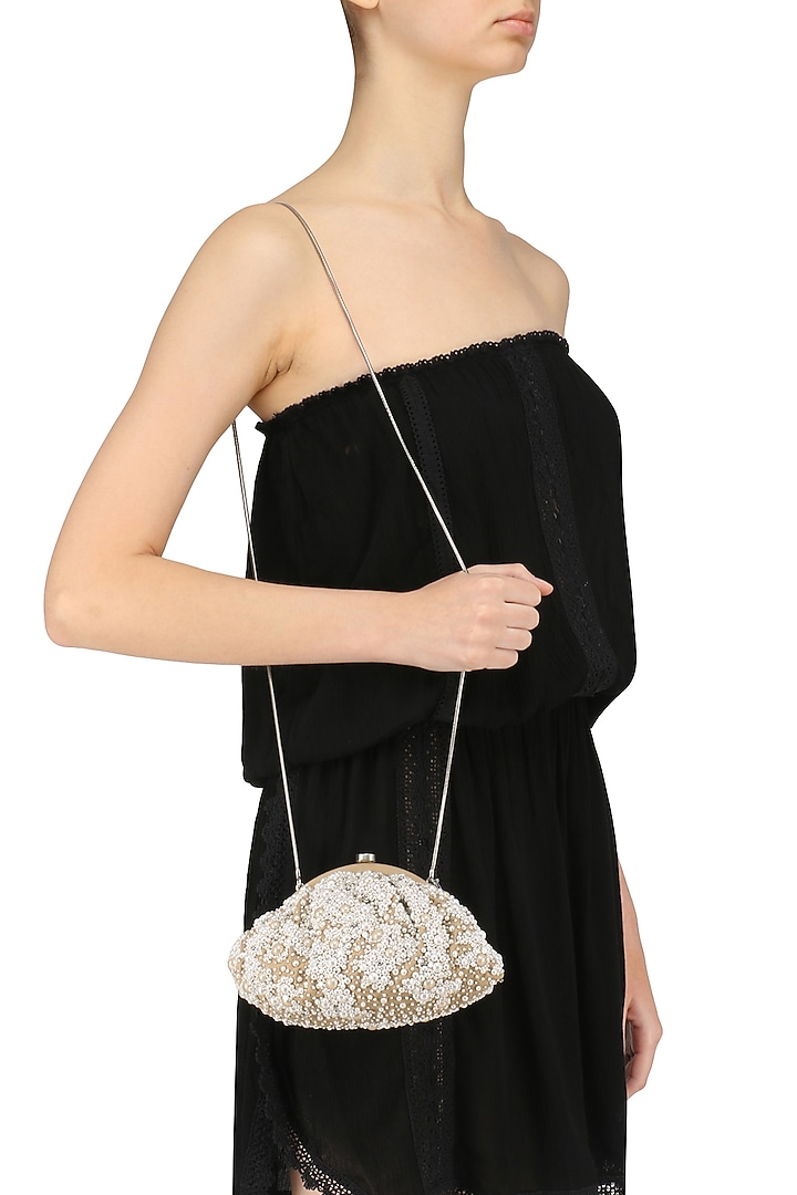 Love to Bag presents Champange pearl embroidered clutch available only at Pernia's Pop Up Shop.