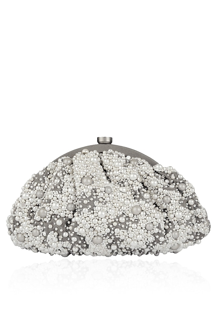 Dove Grey Pearl Embroidered Clutch by Lovetobag