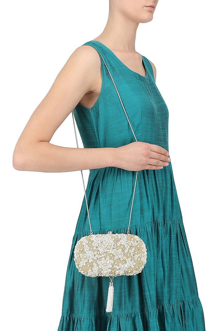 Lovetobag presents Champagne Myoki Embroidered Clutch available only at Pernia's Pop Up Shop.