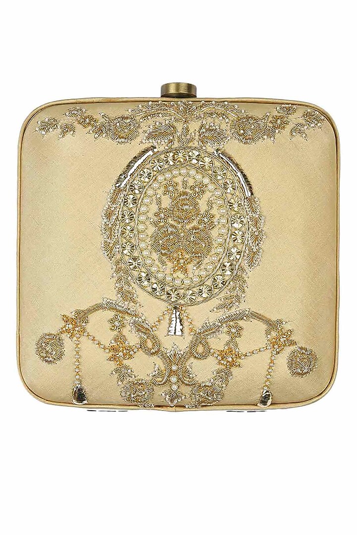 Beige beads and dabka zardosi embroidered box clutch available only at Pernia's Pop Up Shop.