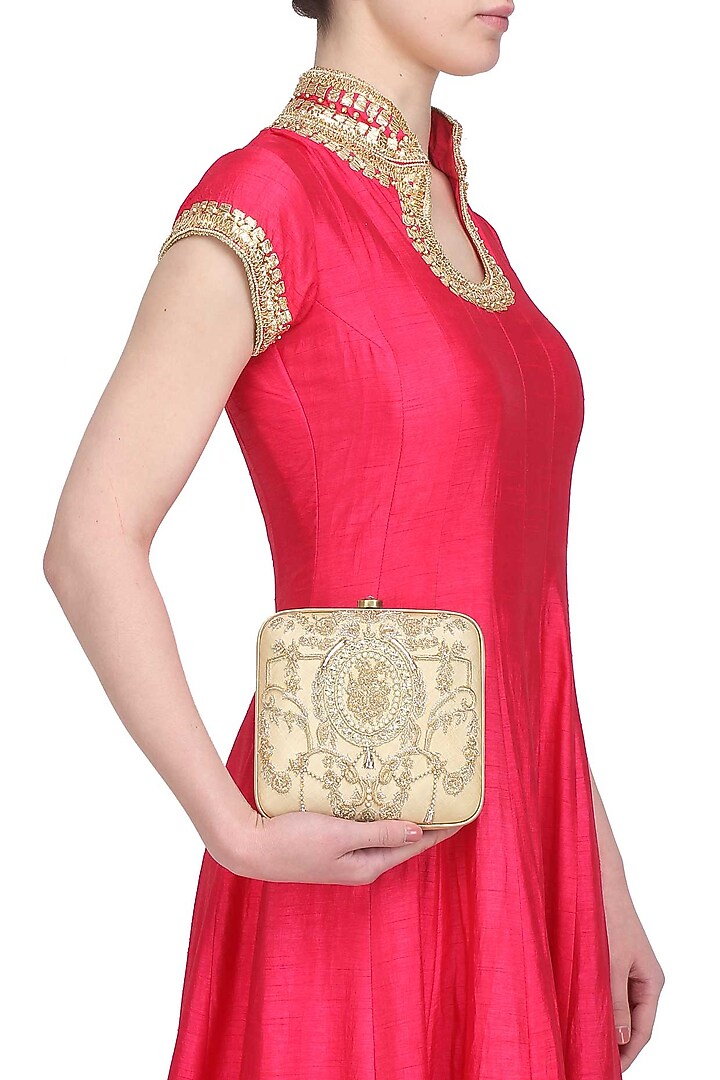 Beige beads and dabka zardosi embroidered box clutch available only at Pernia's Pop Up Shop.