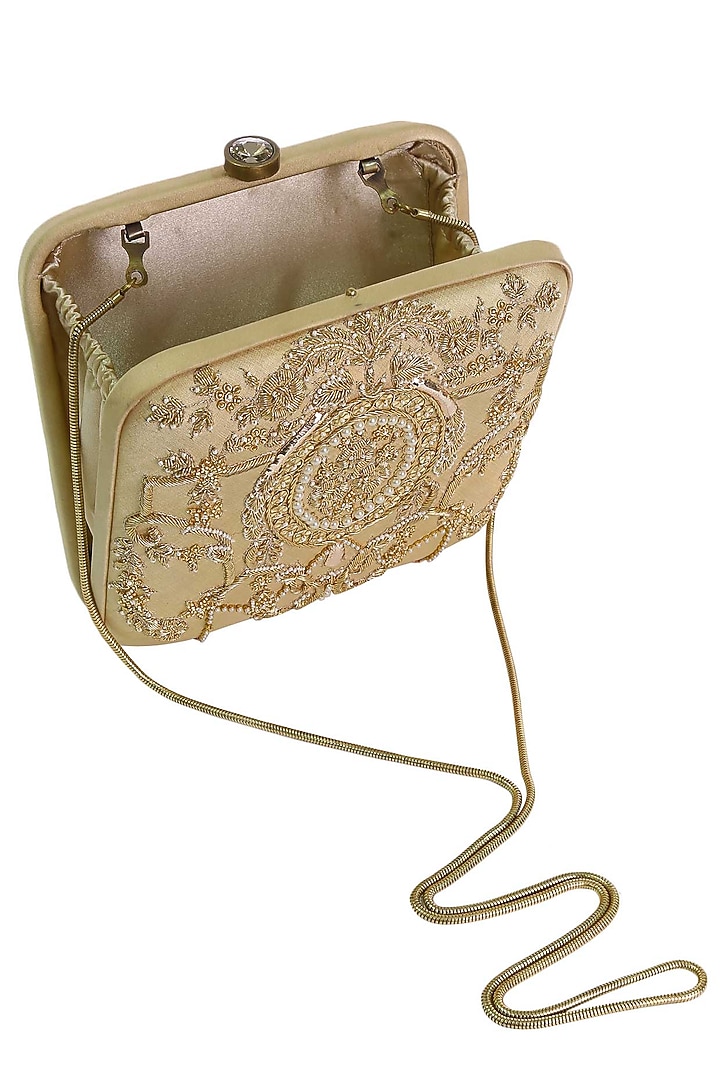 Beige beads and dabka zardosi embroidered box clutch available only at Pernia's Pop Up Shop.