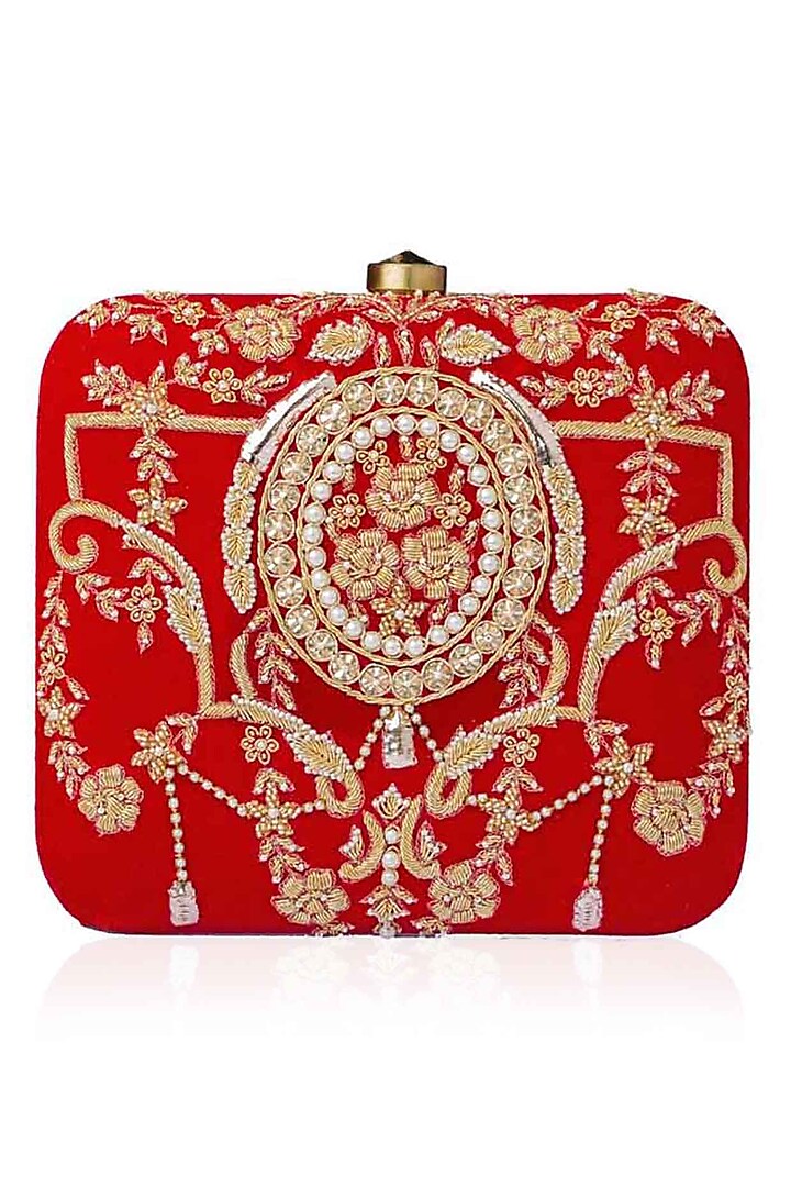 Red Beads and Dabka Zardosi Embroidered Aphrodite Box Clutch by Lovetobag