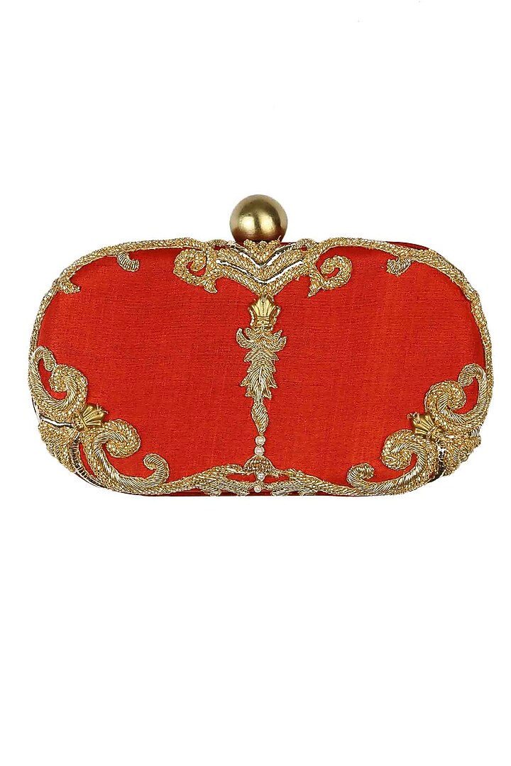 Rust beads and dabka zardosi embroidered oval box clutch available only at Pernia's Pop Up Shop.