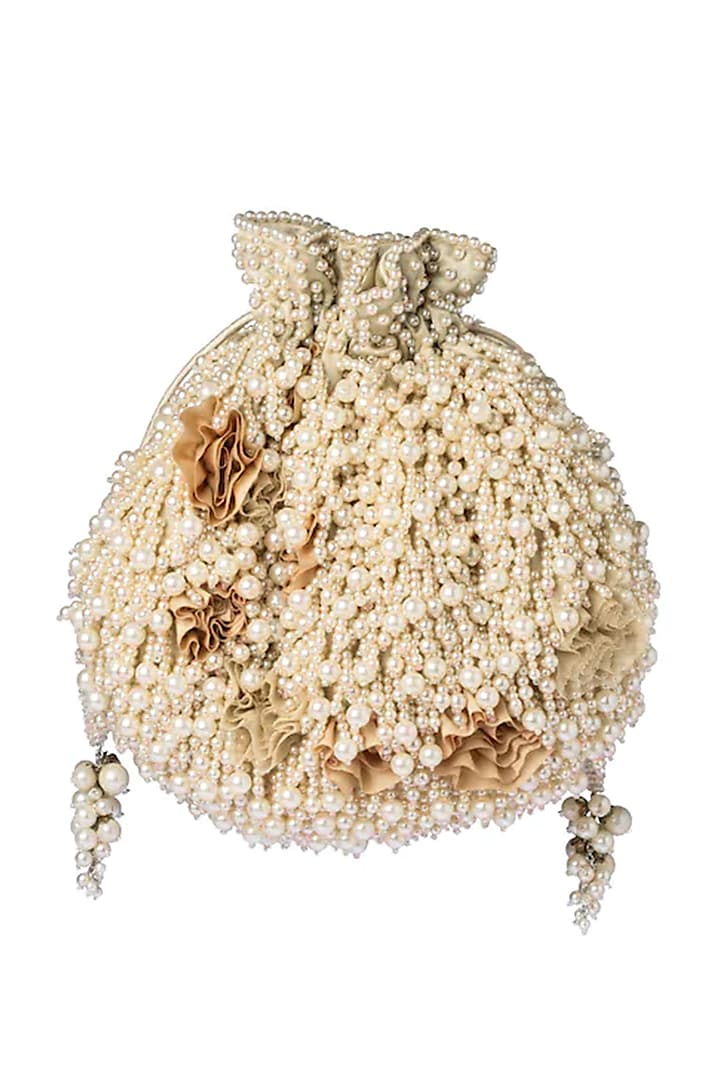 Beige Pearls And Zardosi Embroidered Rhea Bucket Pouch by Lovetobag
