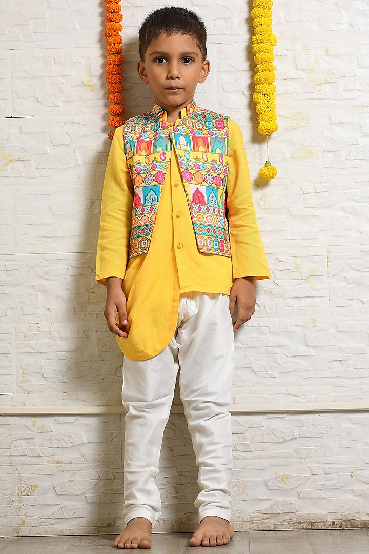 Multi-Colored Silk Nehru Jacket With Kurta Set For Boys by LITTLE BRATS