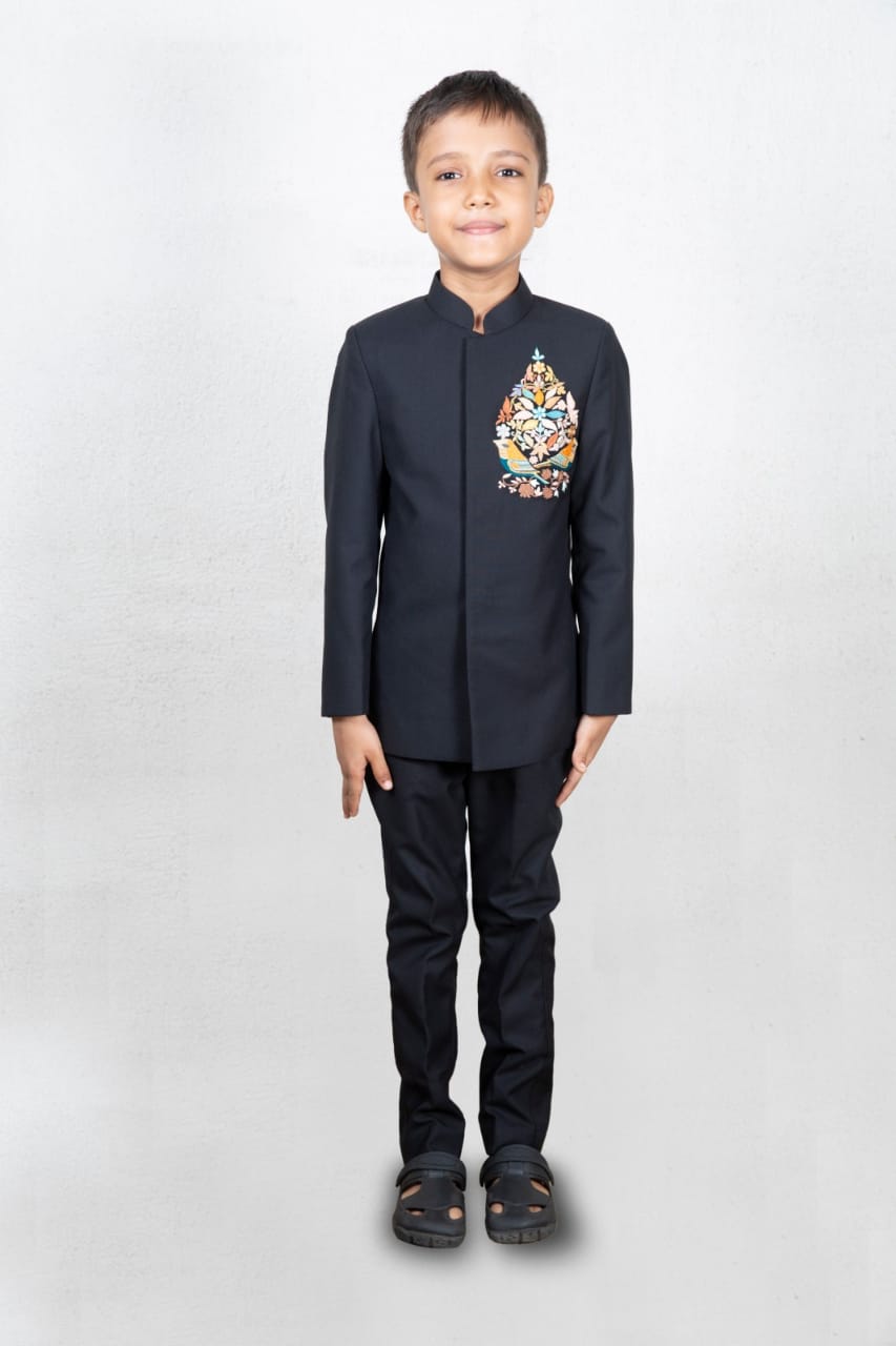Black Embroidered Bandhgala Set For Boys by LITTLE BRATS