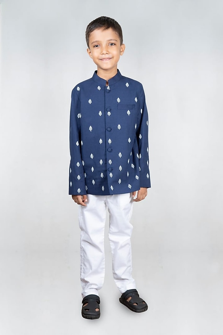 Blue Embroidered Bandhgala Set by LITTLE BRATS