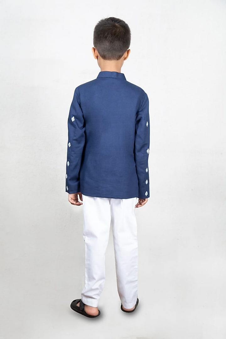 Blue Embroidered Bandhgala Set For Boys by LITTLE BRATS at Pernia's Pop Up Shop