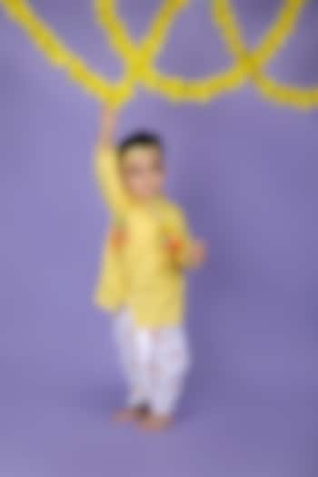 Yellow Cotton Embroidered Kurta Set For Boys by LITTLE BRATS
