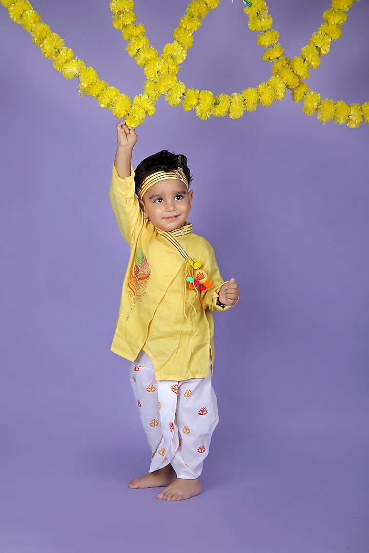 Yellow Cotton Embroidered Kurta Set For Boys by LITTLE BRATS
