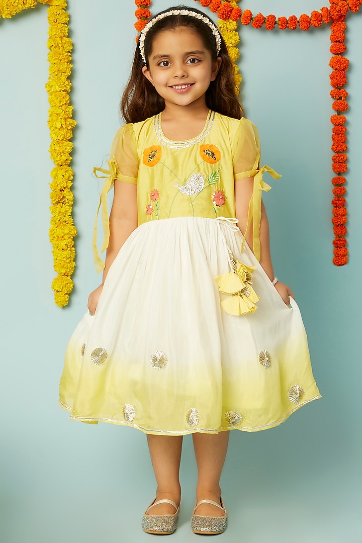 Yellow Shaded Embroidered Dress For Girls by LITTLE BRATS