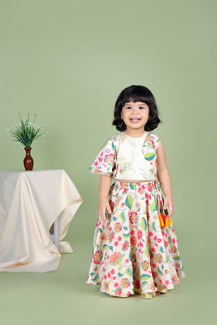 Off White Embroidered Lehenga Set For Girls by LITTLE BRATS