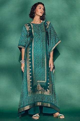 Teal Blue Crushed Viscose Woven Bandhani Printed Kaftan Set by Label Varsha
