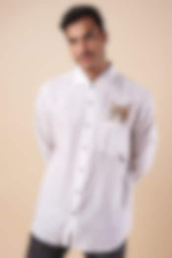 Ivory Pure Linen Embroidered Shirt by Linen Bloom Men