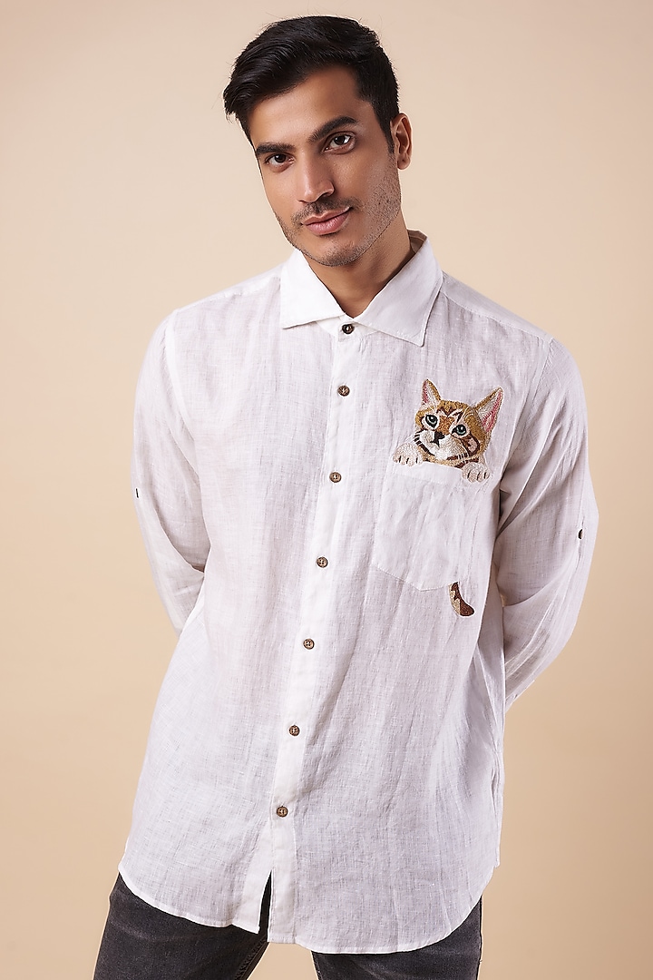 Ivory Pure Linen Embroidered Shirt by Linen Bloom Men