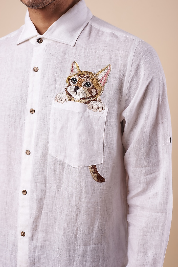 Ivory Pure Linen Embroidered Party Wear Shirt by Linen Bloom Men at Pernia's Pop Up Shop