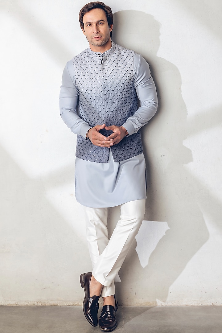 Silvery Grey Embroidered Nehru Jacket With Kurta Set by Line by Shamim Khan