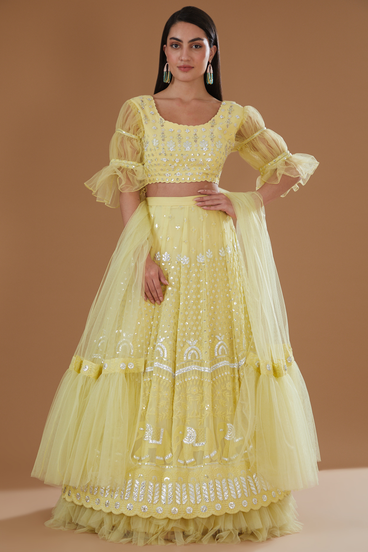 Yellow Georgette Printed & Chikankari Embroidered Lehenga Set by Label Deepshika Agarwal