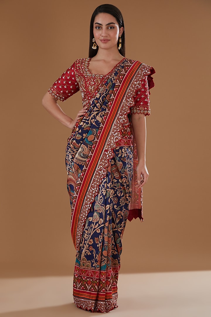 Multi-Colored Silk Bandhej Printed & Embroidered Saree Set by Label Deepshika Agarwal