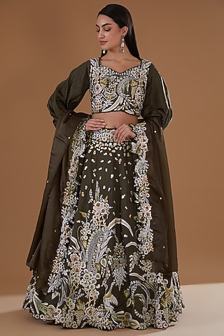 Coffee Silk Satin Printed & Embroidered Lehenga Set by Label Deepshika Agarwal