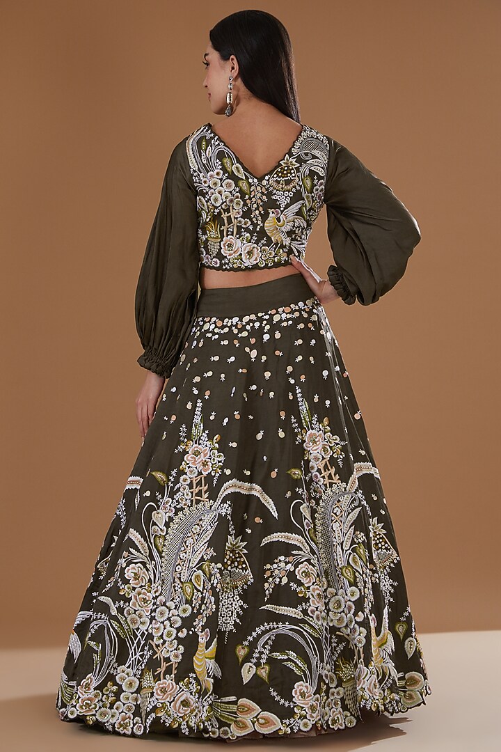 Coffee Silk Satin Printed & Embroidered Wedding Lehenga Set by Label Deepshika Agarwal at Pernia's Pop Up Shop