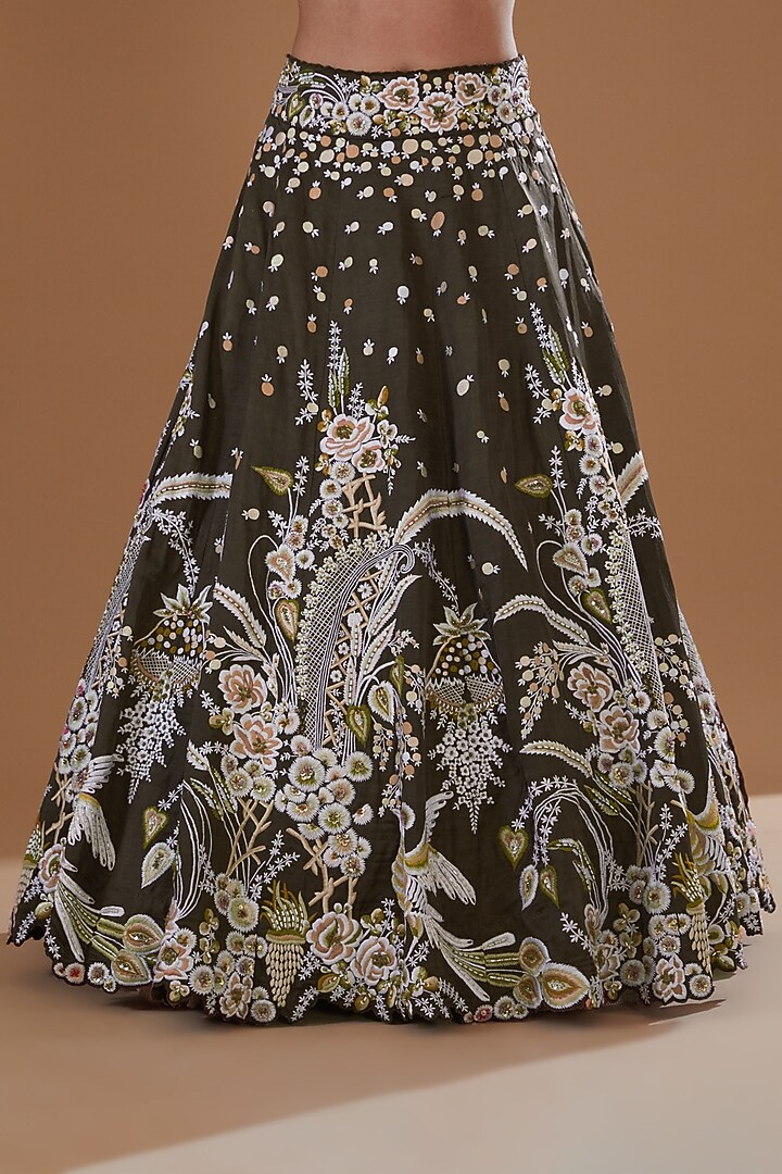 Coffee Silk Satin Printed & Embroidered Wedding Lehenga Set by Label Deepshika Agarwal at Pernia's Pop Up Shop