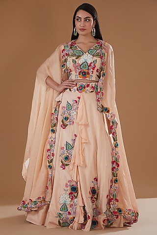Peach Satin Printed & Hand Embroidered Jacket Lehenga Set by Label Deepshika Agarwal