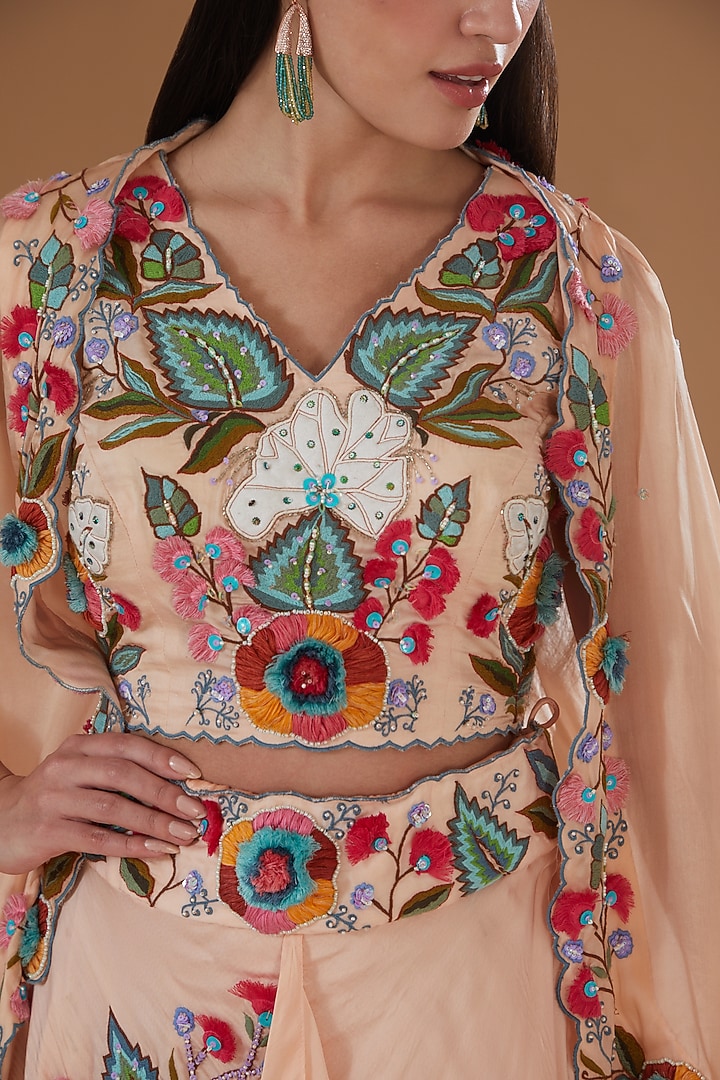Peach Satin Printed & Hand Embroidered Jacket Wedding Lehenga Set by Label Deepshika Agarwal at Pernia's Pop Up Shop