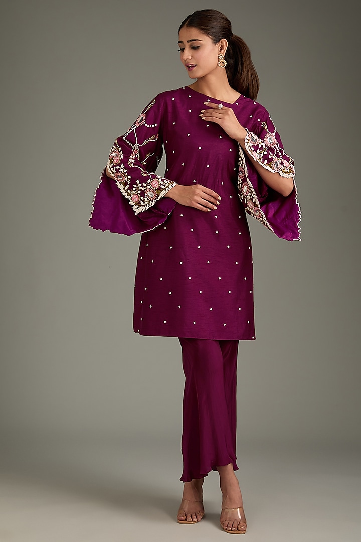 Maroon Couture Silk Hand Embroidered Kurta Set by Label Deepshika Agarwal