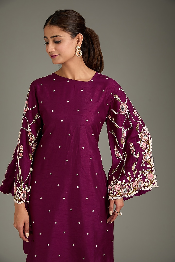 Maroon Couture Silk Hand Embroidered Kurta Set by Label Deepshika Agarwal at Pernia's Pop Up Shop