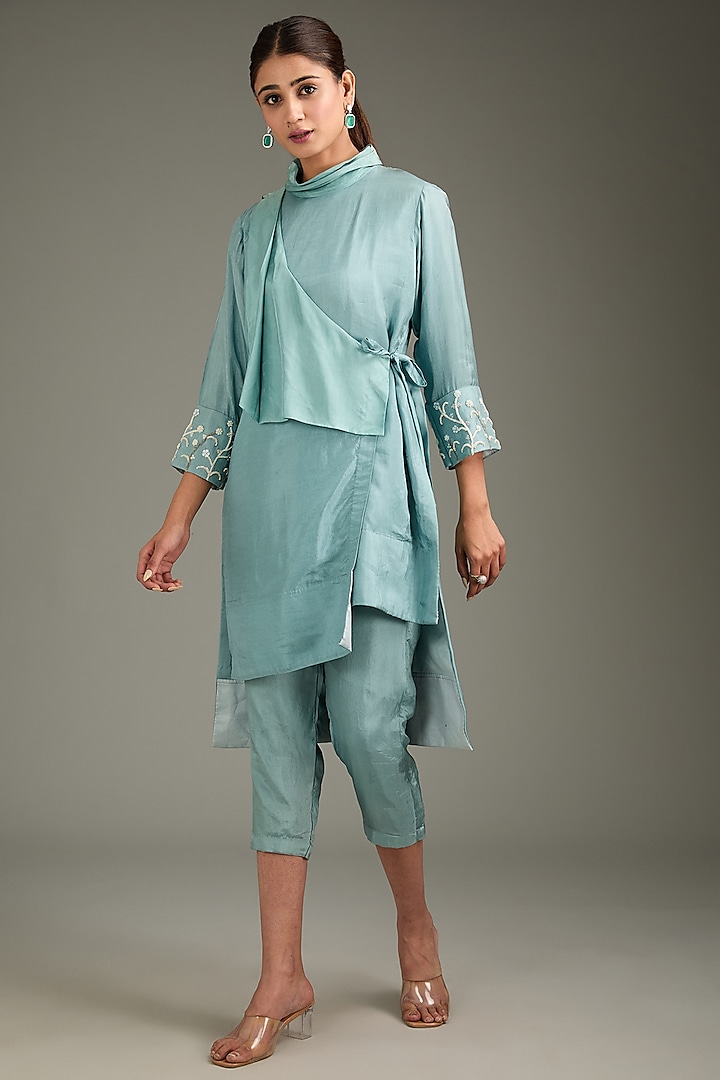Teal Blue Couture Silk Moti Work Kurta Set by Label Deepshika Agarwal