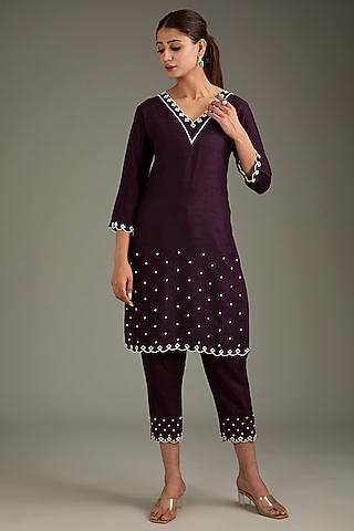 Wine Couture Silk Moti Work Kurta Set by Label Deepshika Agarwal