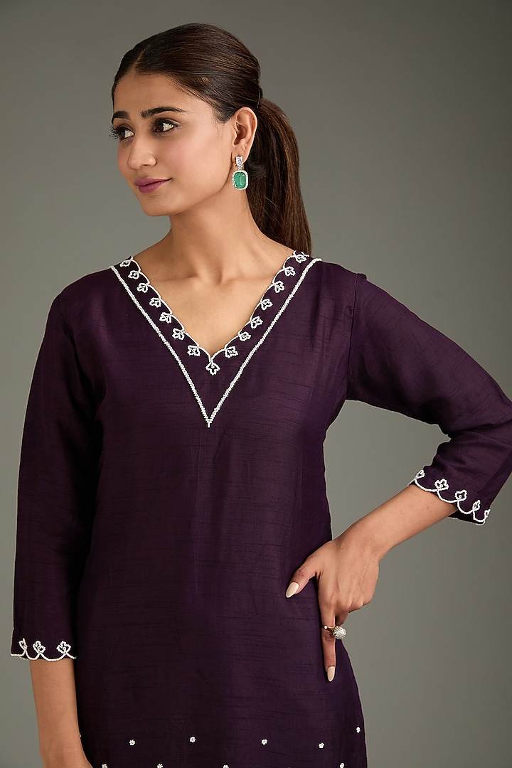 Wine Couture Silk Moti Work Kurta Set by Label Deepshika Agarwal at Pernia's Pop Up Shop