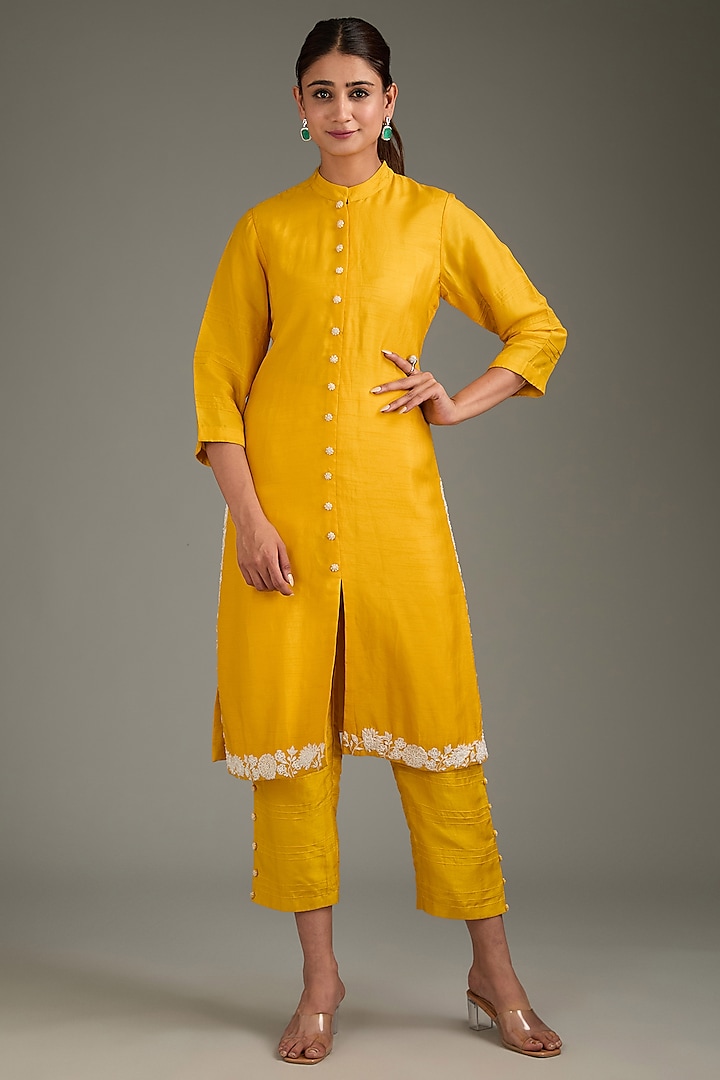 Yellow Couture Silk Hand Embroidered Kurta Set by Label Deepshika Agarwal