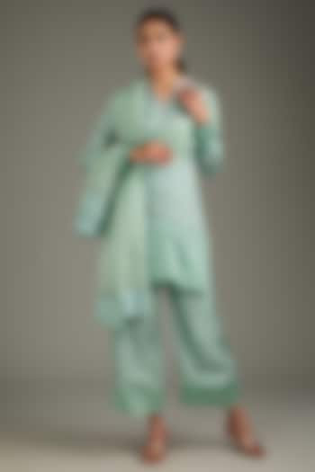 Teal Blue Couture Silk Hand Embroidered Kurta Set by Label Deepshika Agarwal