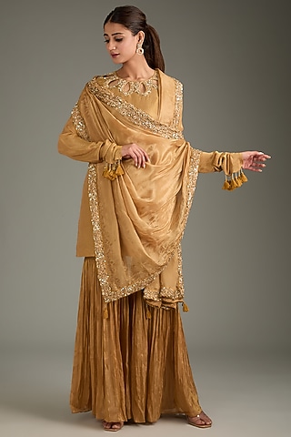 Beige Tissue Silk & Glass Organza Sharara Set by Label Deepshika Agarwal
