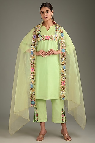 Light Green Couture Silk & Organza Hand Embroidered Kurta Set by Label Deepshika Agarwal