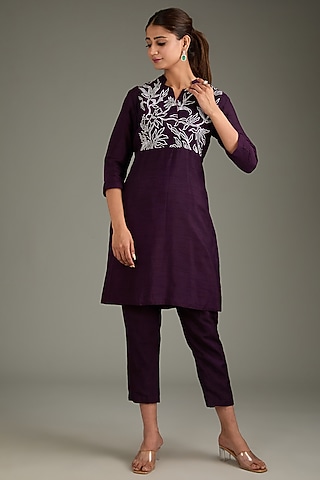 Wine Couture Silk Hand Embroidered Kurta Set by Label Deepshika Agarwal