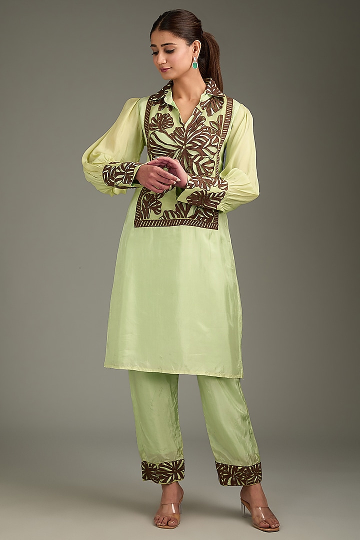 Lime Green Couture Silk Cutwork Kurta Set by Label Deepshika Agarwal