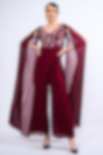 Maroon Georgette Embellished Jumpsuit by Label Deepshika Agarwal