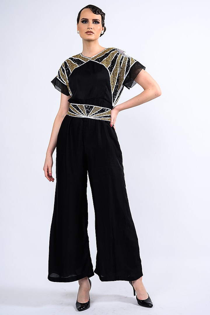 Black Satin Embellished Jumpsuit With Belt by Label Deepshika Agarwal